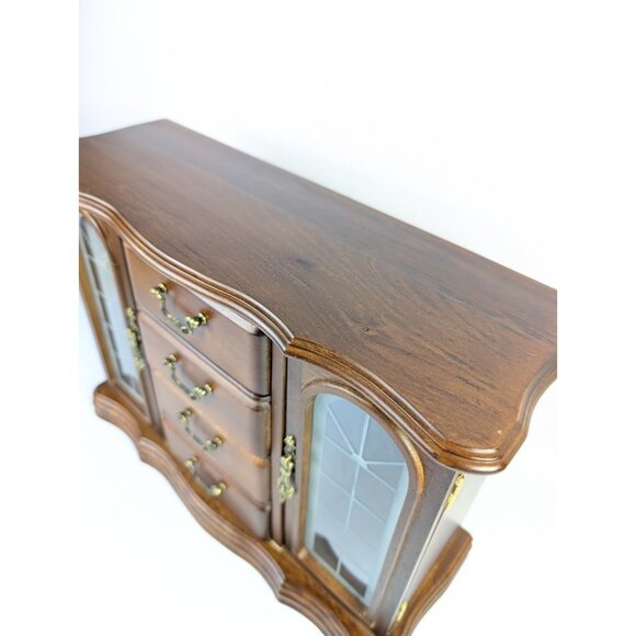 Vintage Large Wood Jewelry Armoire 2 Glass Doors, Mirrors, 4 Drawers Velvet 15" - Picture 5 of 13